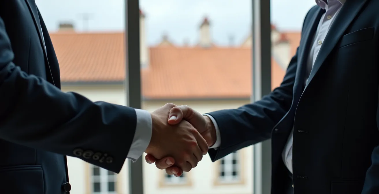Poignée de main professionnelle dans un bureau avec vue sur les toits de Perpignan