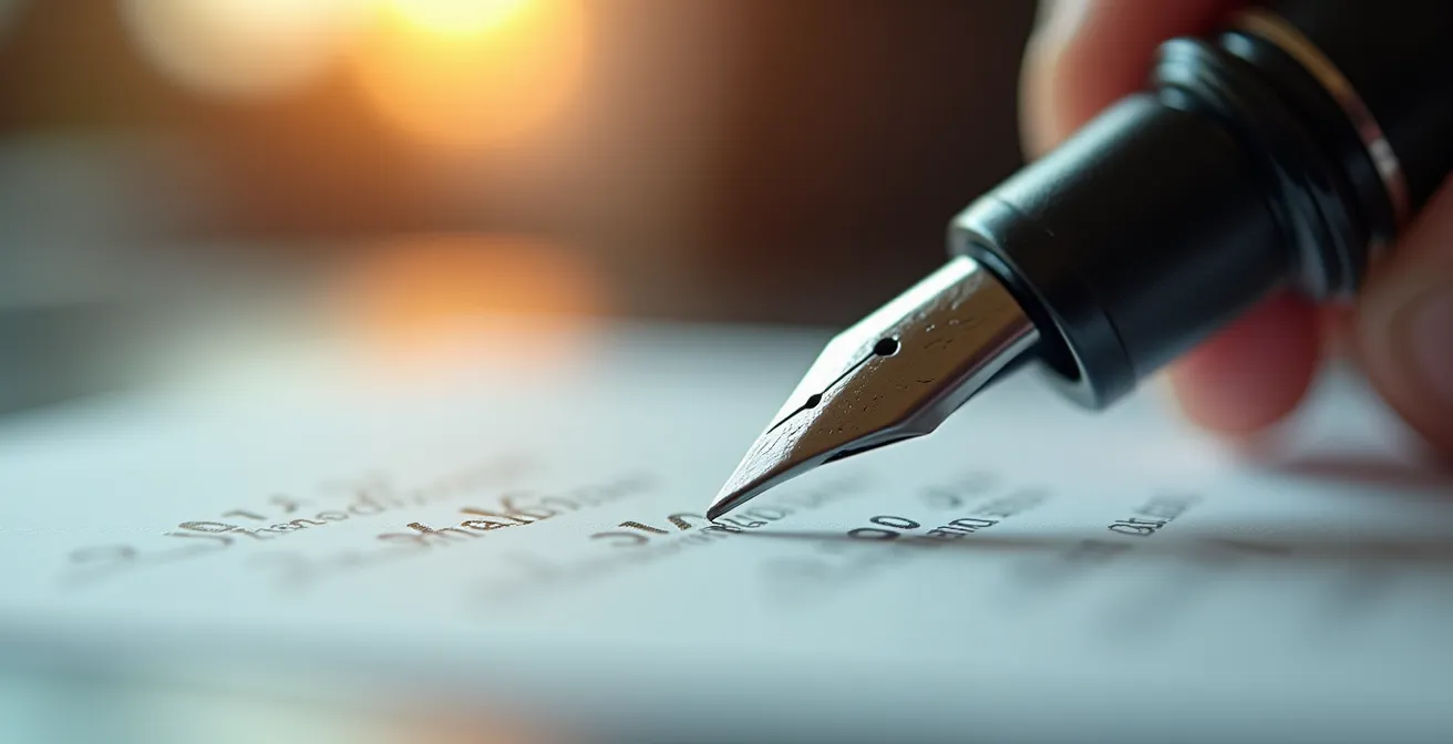 Détail macro d'un stylo plume signant un document avec texture du papier visible