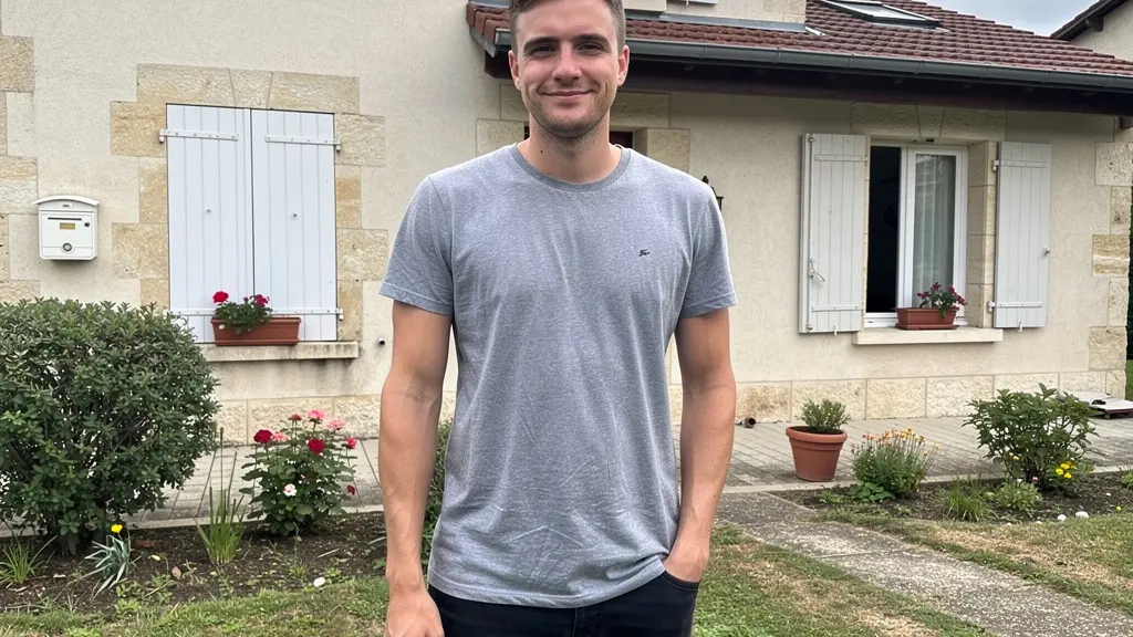 Jeune acheteur français devant une maison avec panneau vendu illustrant l'accès à la propriété