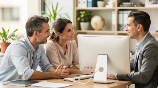 Couple consultant un conseiller en financement immobilier dans un bureau lumineux