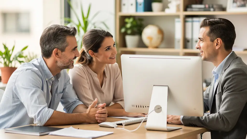 Couple consultant un conseiller en financement immobilier dans un bureau lumineux