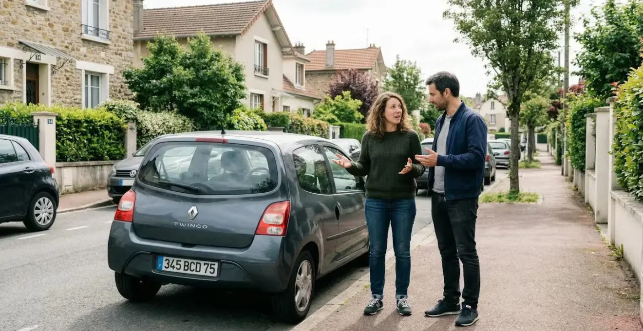 Couple discutant budget achat voiture devant citadine occasion