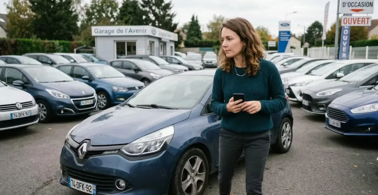 Acheter une voiture petit salaire : femme examinant une citadine d'occasion chez un concessionnaire