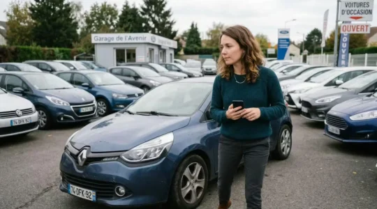 Acheter une voiture petit salaire : femme examinant une citadine d'occasion chez un concessionnaire
