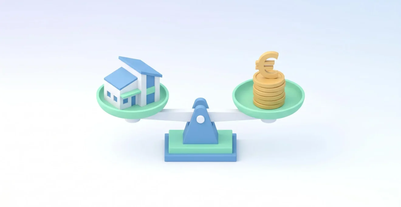 Balance en équilibre avec maquette de maison et symboles financiers illustrant le calcul de capacité d'emprunt
