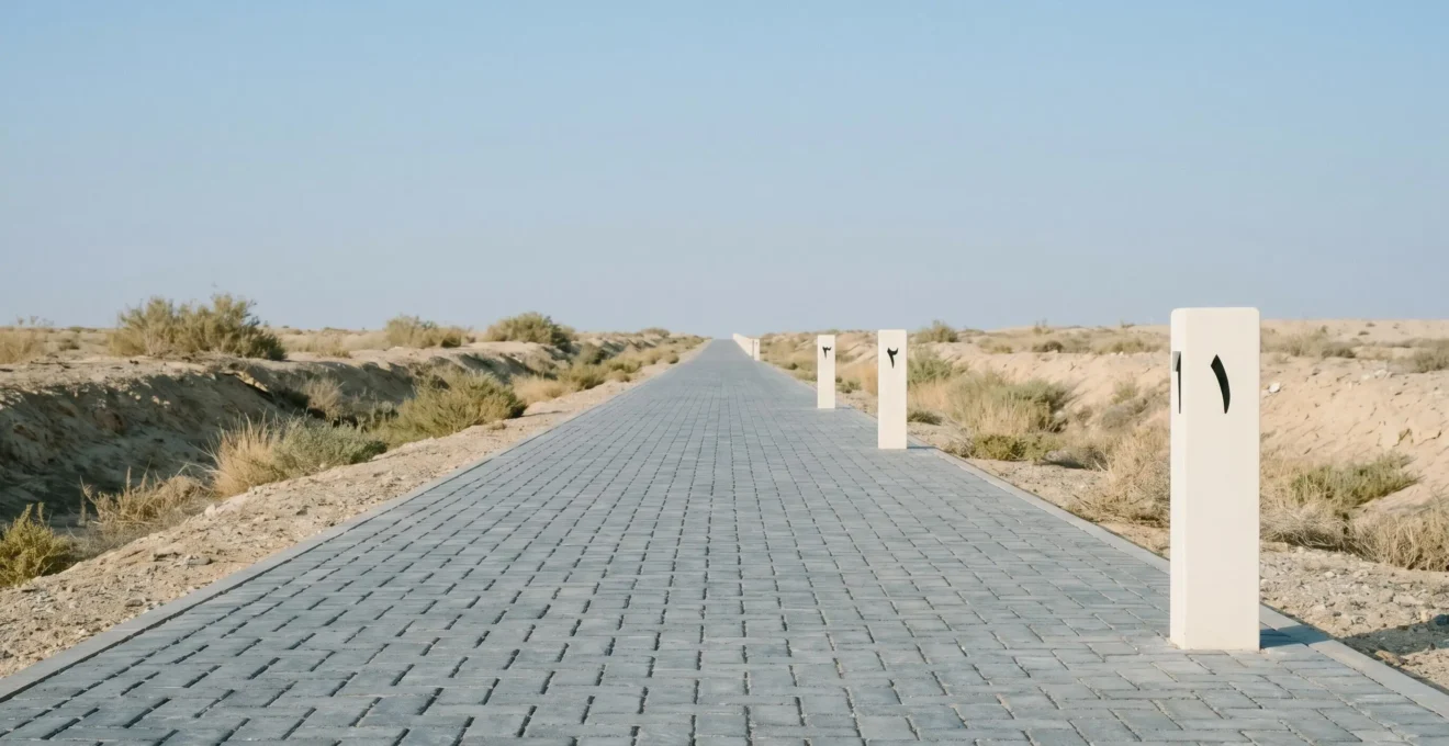 Chemin pavé avec jalons numérotés symbolisant les étapes chronologiques de l'achat immobilier