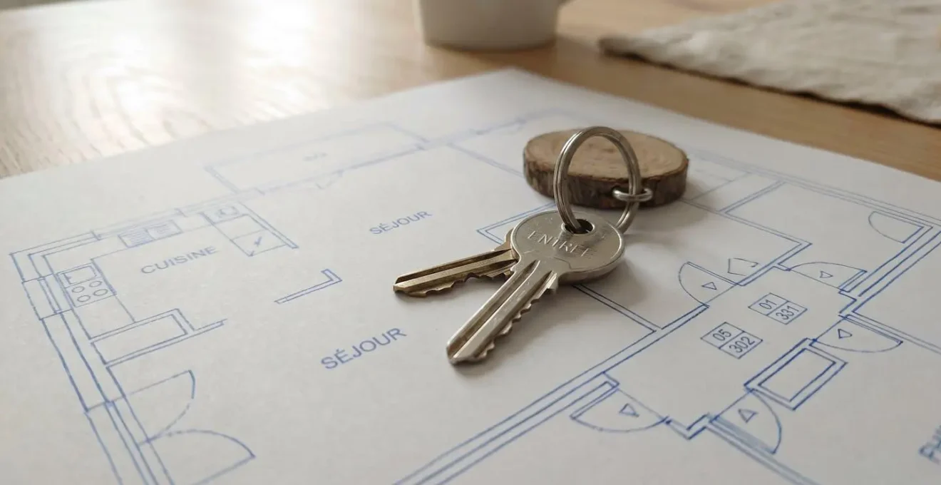 Clés de résidence principale posées sur plan architectural minimaliste avec lumière naturelle douce