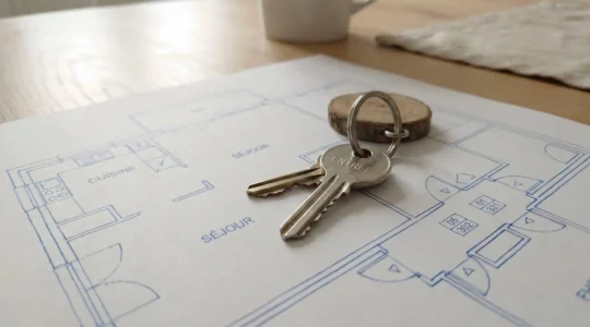 Clés de résidence principale posées sur plan architectural minimaliste avec lumière naturelle douce