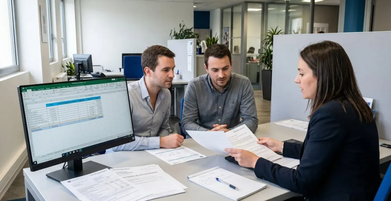 Un couple de primo-accédants consulte un conseiller bancaire devant un écran affichant un plan de financement PTZ et prêt complémentaire, dans une agence Caisse d'Epargne contemporaine avec documents de dossier crédit sur le bureau