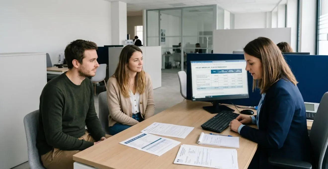 Un couple de primo-accédants consulte un conseiller bancaire devant un écran affichant un plan de financement PTZ et prêt complémentaire, dans une agence Caisse d'Epargne contemporaine avec documents de dossier crédit sur le bureau