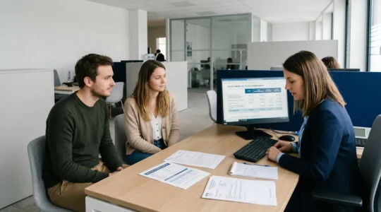 Un couple de primo-accédants consulte un conseiller bancaire devant un écran affichant un plan de financement PTZ et prêt complémentaire, dans une agence Caisse d'Epargne contemporaine avec documents de dossier crédit sur le bureau