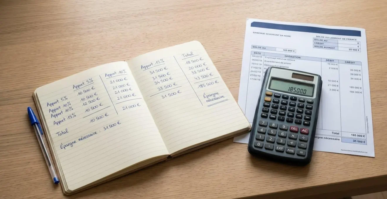 Nature morte d'un bureau avec carnet de calculs manuscrits comparant apports 5%, 10% et 15%, calculatrice financière, relevé épargne Caisse d'Epargne et stylo bleu