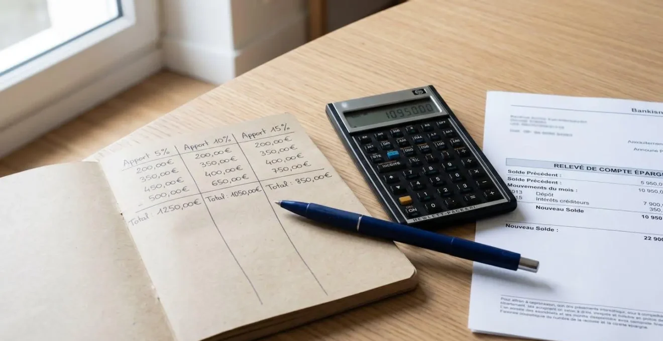 Nature morte d'un bureau avec carnet de calculs manuscrits comparant apports 5%, 10% et 15%, calculatrice financière, relevé épargne Caisse d'Epargne et stylo bleu