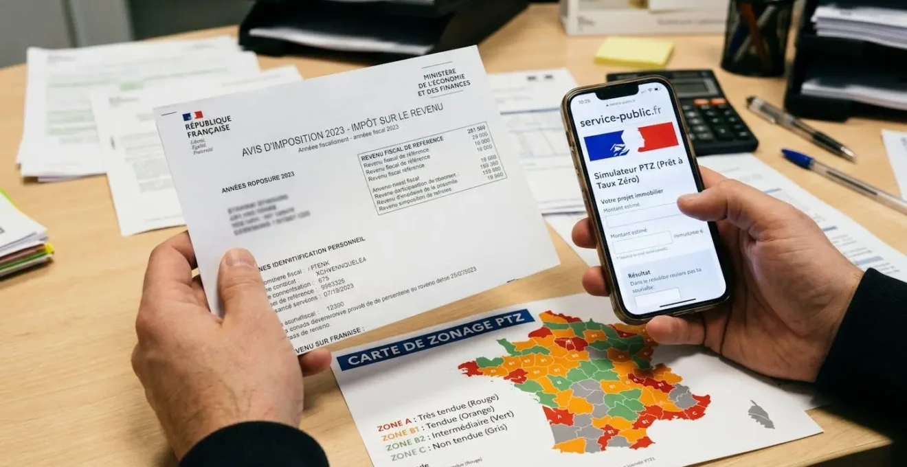 Gros plan sur des mains tenant un avis d'imposition français et un smartphone affichant le simulateur PTZ service-public.fr, avec carte de zonage géographique PTZ sur un bureau