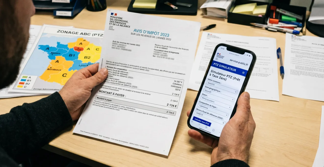 Gros plan sur des mains tenant un avis d'imposition français et un smartphone affichant le simulateur PTZ service-public.fr, avec carte de zonage géographique PTZ sur un bureau