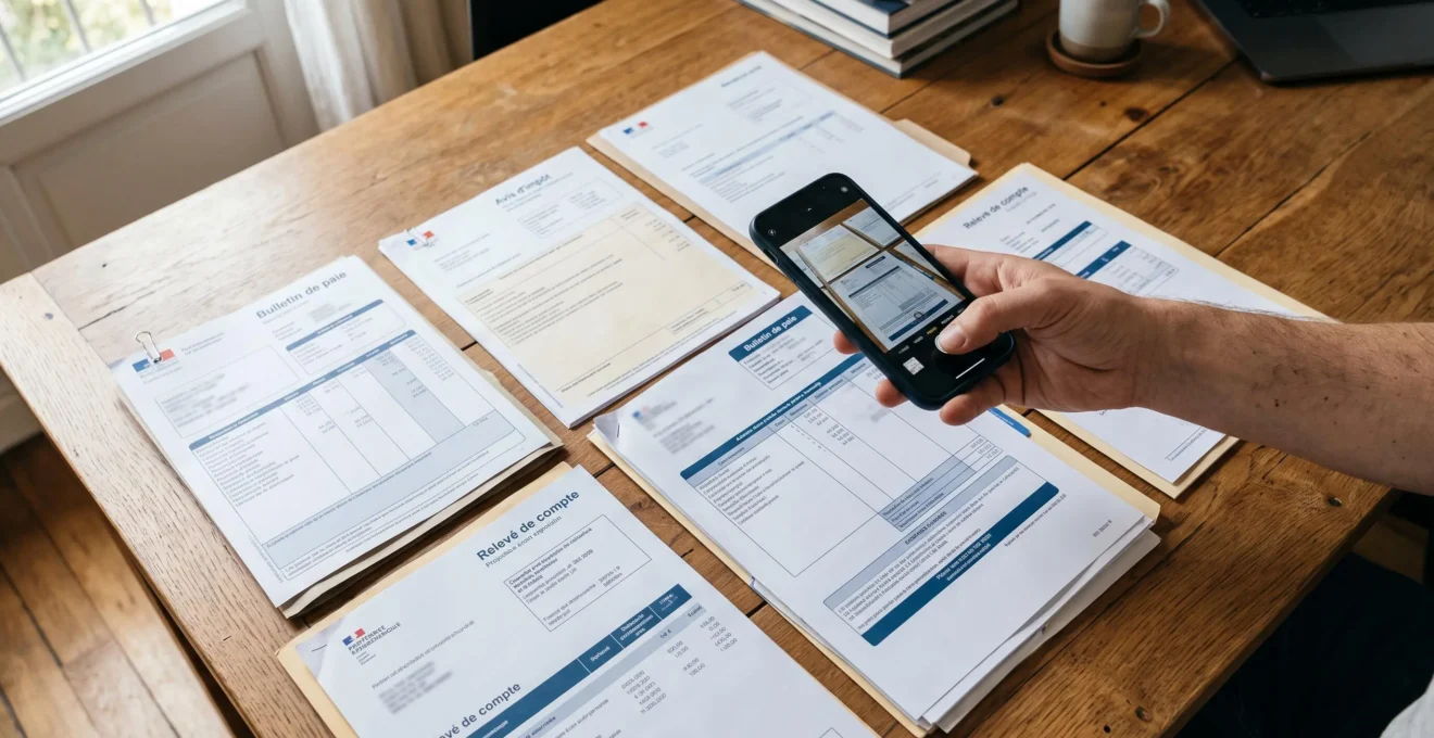 Main tenant un smartphone pour numériser des documents administratifs de dossier de prêt immobilier disposés sur une table