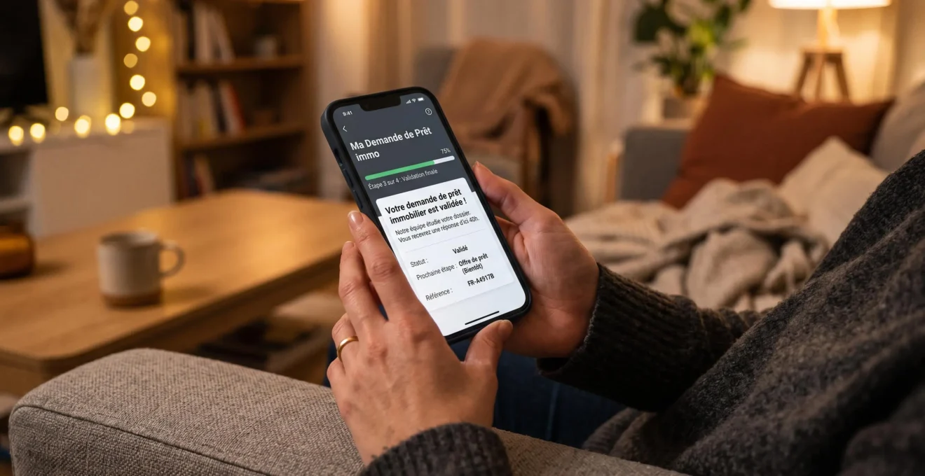 Mains tenant un smartphone affichant une notification de progression de dossier de prêt immobilier dans un environnement résidentiel confortable