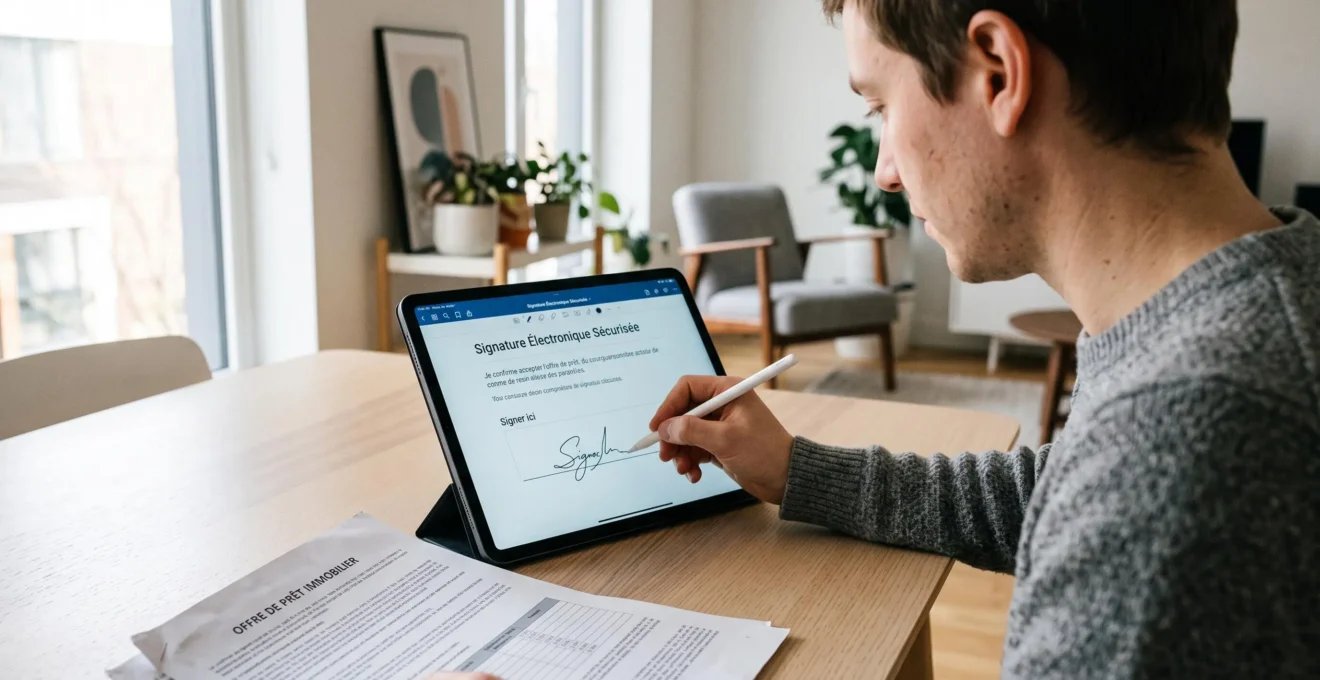 Personne signant une offre de prêt immobilier avec un stylet numérique sur une tablette dans un intérieur résidentiel contemporain