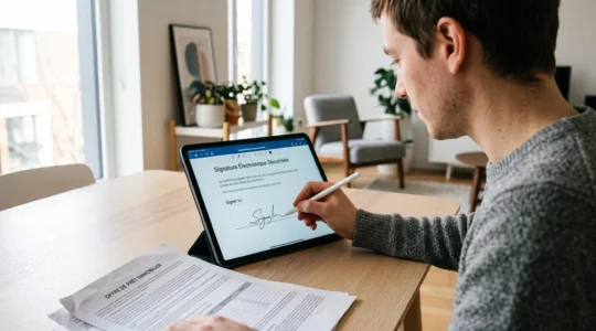 Personne signant une offre de prêt immobilier avec un stylet numérique sur une tablette dans un intérieur résidentiel contemporain