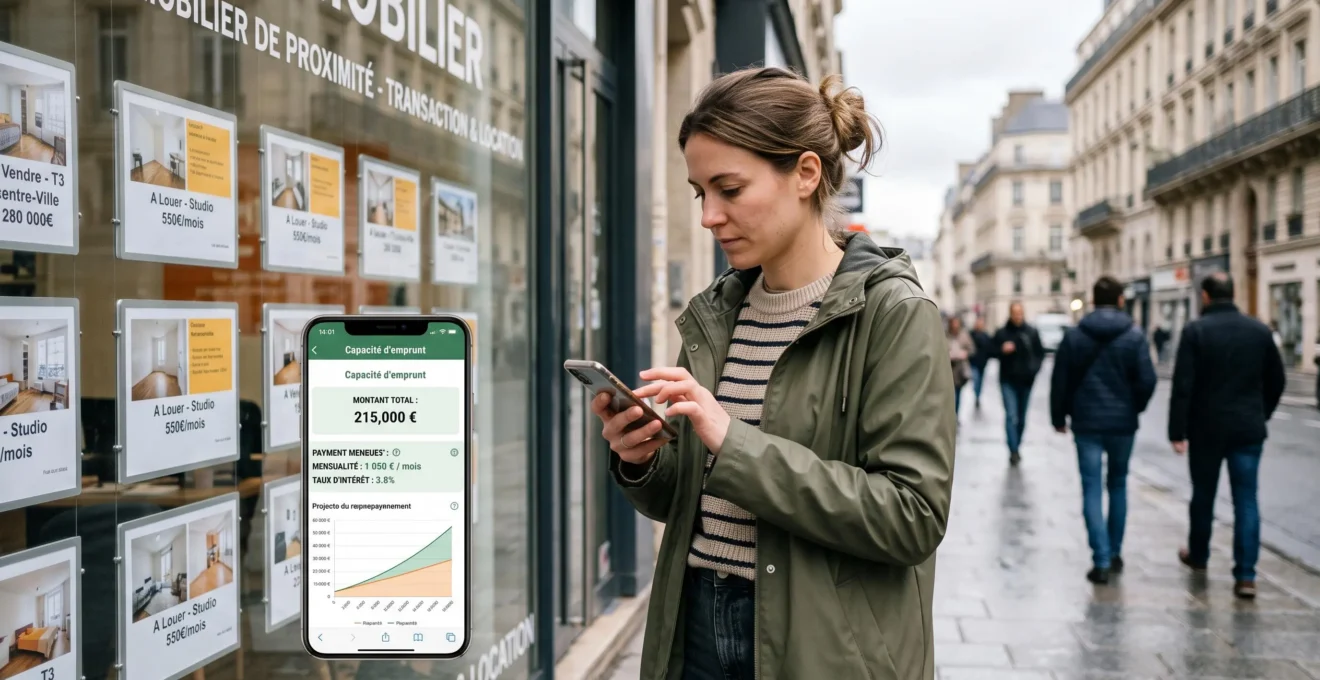 Jeune adulte consultant un simulateur de capacité d'emprunt immobilier sur smartphone devant une agence immobilière en milieu urbain